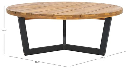 SAFAVIEH Outdoor, Leo Round Coffee Table, Natural & Black, Solid Wood, view 4