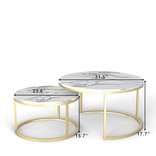Nesting Coffee Table Set of 2, 31.5" Round Coffee Table Wooden Marble Pattern Accent Furniture, Industrial End Table for Living Room Bedroom Balcony (White/Gold)
