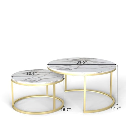 Nesting Coffee Table Set of 2, 31.5" Round Coffee Table Wooden Marble Pattern Accent Furniture, Industrial End Table for Living Room Bedroom Balcony (White/Gold)