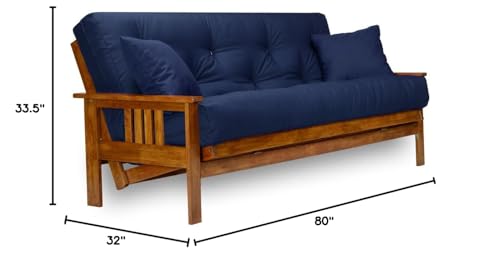 Stanford Futon Set - Full Size Futon Frame with Mattress Included (8 Inch Thick Mattress, Twill Navy Blue Color), Heavy Duty Wood, Popular Sofa Bed Choice