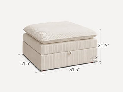 Corduroy Ottoman, 31.5 Inch Square Ottoman Bench with Storage for Living Room, Beige