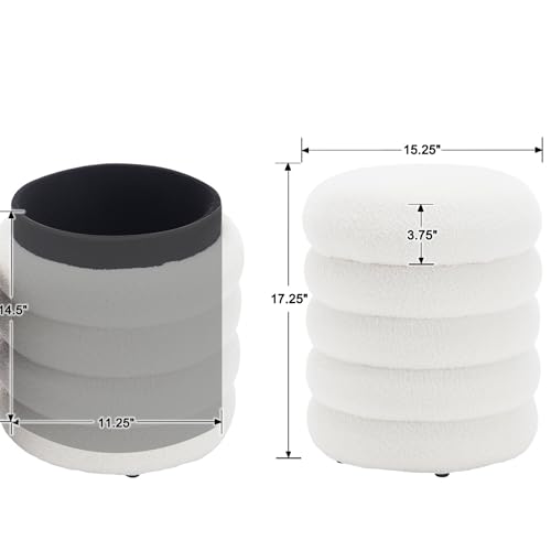 White Round Storage Ottoman Upholstered Sherpa Foot Stool Ottoman Small Boucle Foot Rest Stool for Dorm/Living Room/Entryway/Bedroom