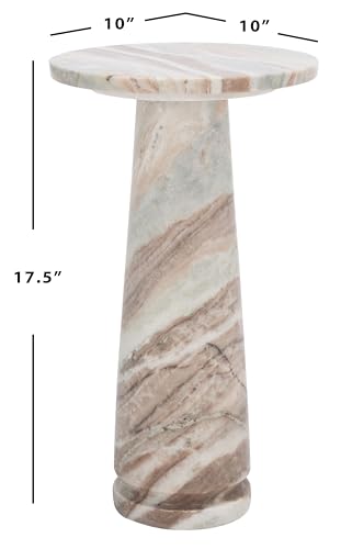 SAFAVIEH Furniture - Valentia Round Marble Accent Table - White & Brown - Marble Top - Glam Stone Pedestal Design - Ideal for Living Room, Bedroom, Entryway, 10"W x 10"D x 17.5"H (SFV9704B)