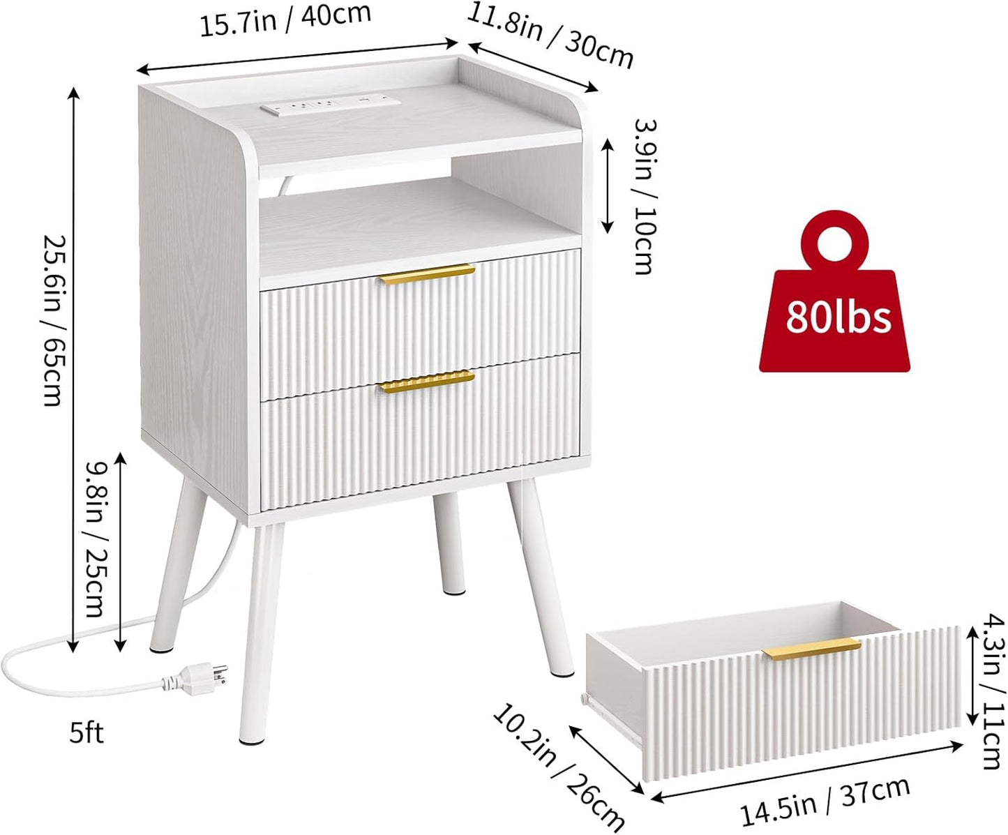 White Fluted Nightstand with Charging Station, LED Night Stand with 2 Wood Drawers for Bedroom, Modern Bedside Table, 15.7 X 11.8 X 25.6In