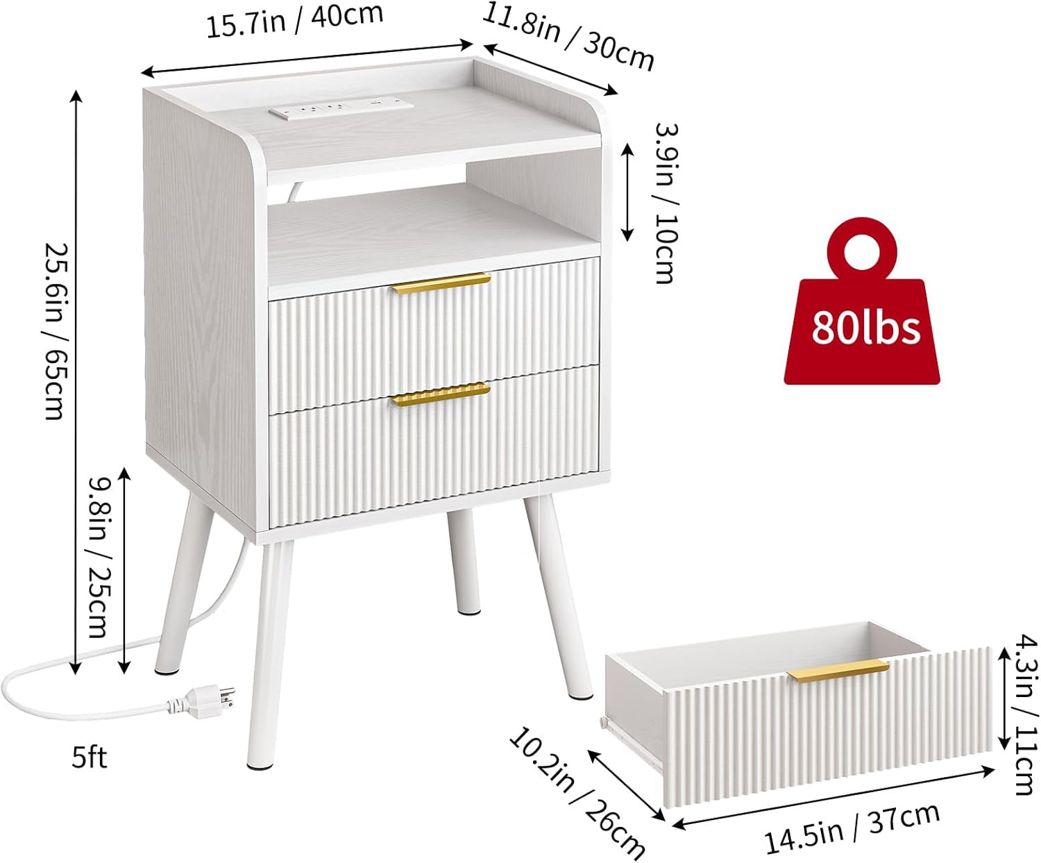 White Fluted Nightstand with Charging Station, LED Night Stand with 2 Wood Drawers for Bedroom, Modern Bedside Table, 15.7 X 11.8 X 25.6In