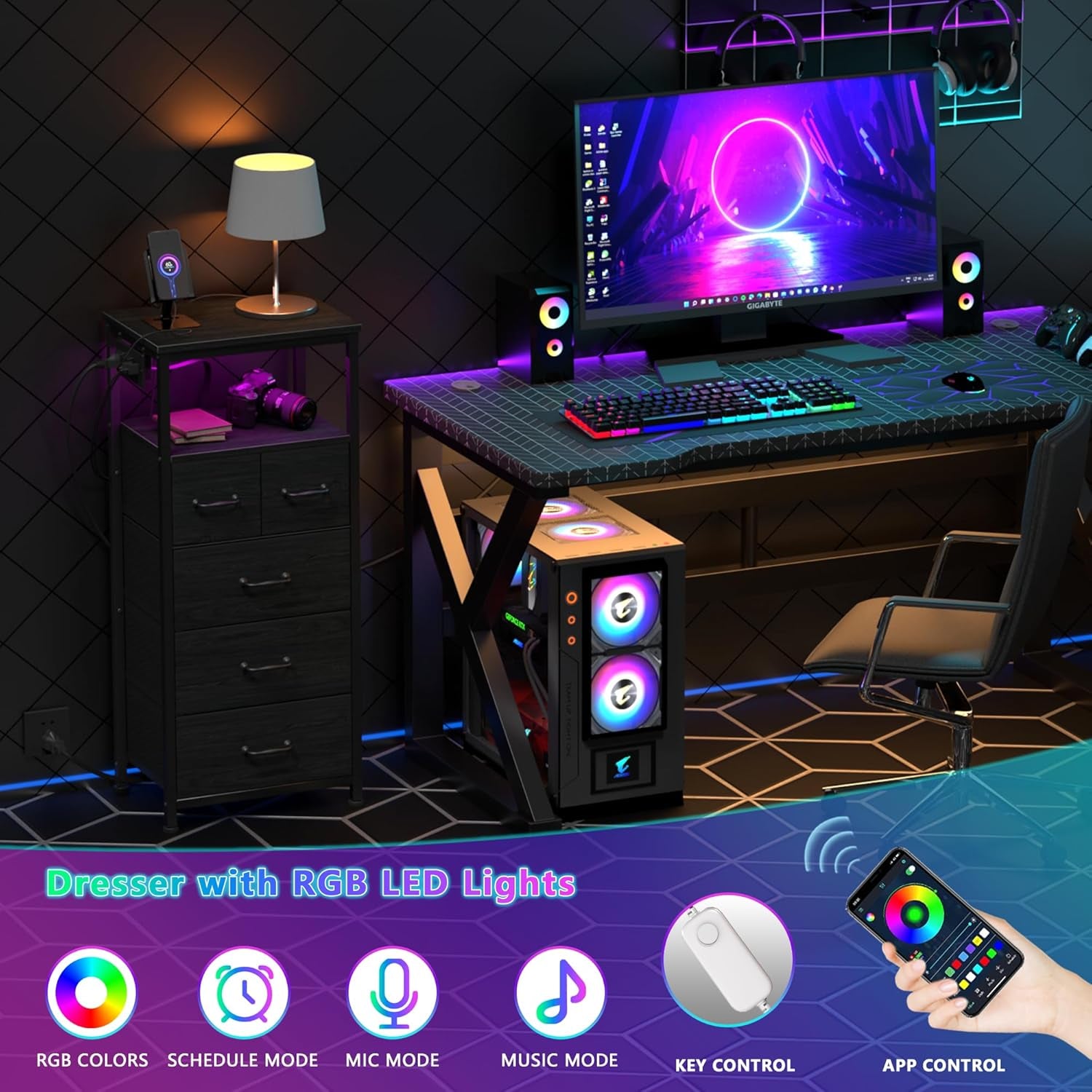 Dresser for Bedroom, Tall Nightstand, Vertical Chest with Wood Top, Charging Station, LED Lights, 5 Fabric Bins, Bedside Table with Shelf, Furniture for Entryway (5 Drawer, Black Oak)