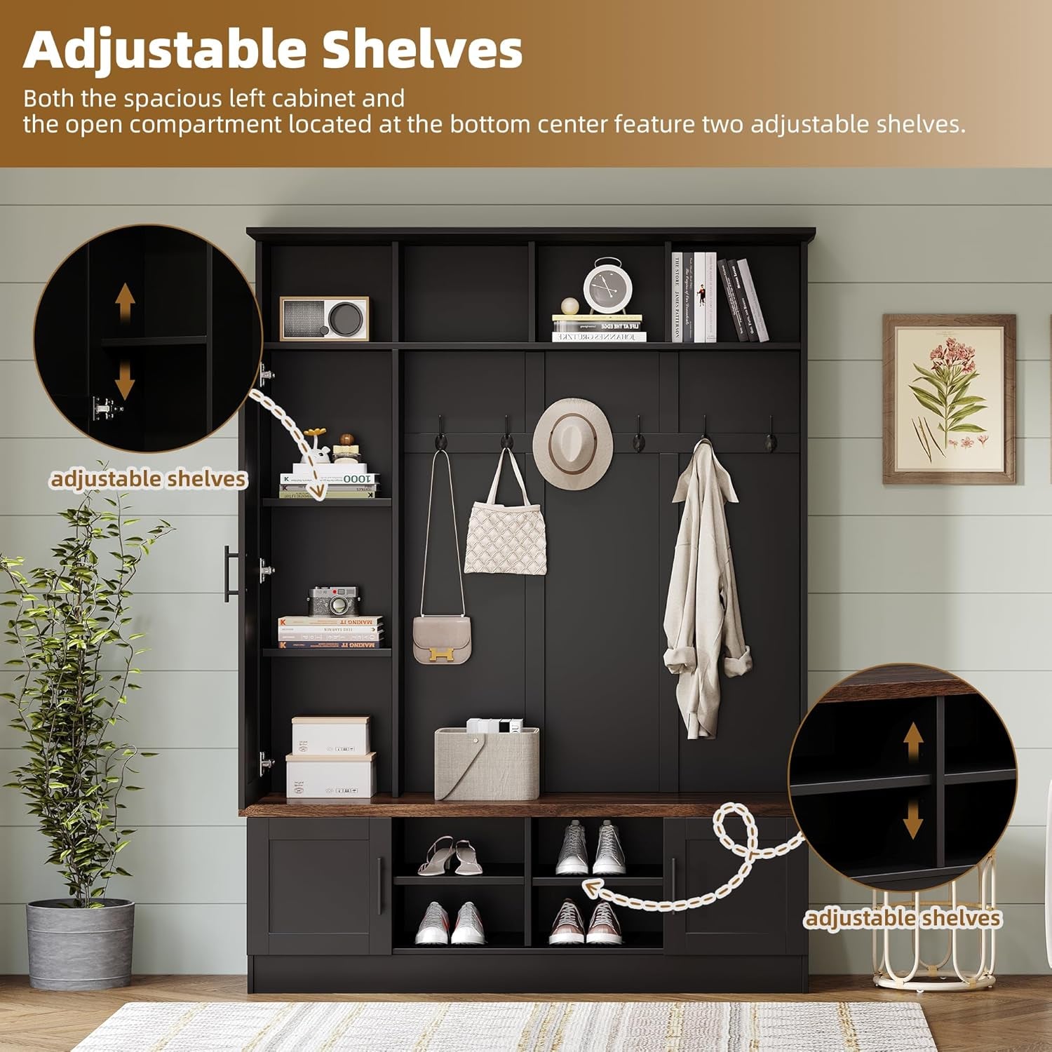 Farmhouse Wood Hall Tree with Shoe Bench and 2 Drawers, 4-In-1 Coat Rack with 6 Hooks for Entrance, Hallway, Mudroom Black