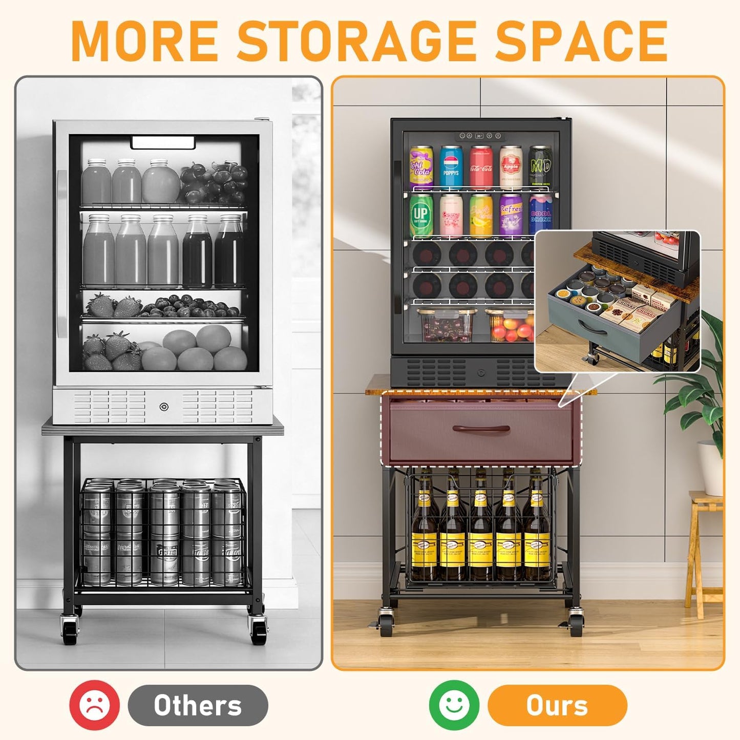 Mini Fridge Stand, Heavy-Duty End Table Fridge Table with Storage, Small Refrigerator Stand with Rolling Wheels for Dorm, Kitchen,Pantry