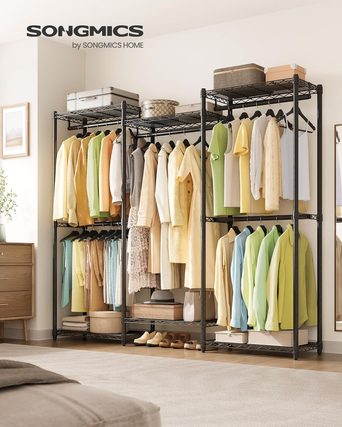 Heavy-Duty Clothes Rack, Garment Rack, Portable Closet, 68.7-Inch Wide Clothing Rack with Adjustable Mesh Shelves and Hanging Rails, Ink Black ULGR433B01