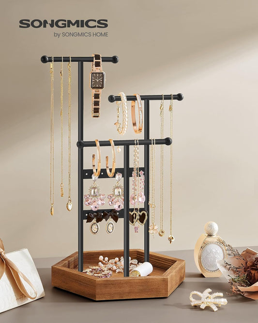 Jewelry Holder, Jewelry Organizer, 3 Tiers and 1 Tray, Jewelry Display Stand with Metal Frame, Necklace Earring Bracelet Holder, for Rings, Ink Black and Caramel Brown UJJS03CB