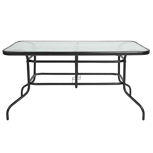 Tory 31.5" x 55" Rectangular Tempered Glass Metal Patio Table with Umbrella Hole, Modern Rippled Glass Outdoor Dining Table, Black