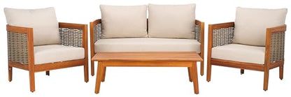SAFAVIEH Outdoor Patio Furniture - Amanda 4-Piece Set - Sand & Taupe - Acacia Wood - Coastal, Conversation Set with Detachable Cushion Covers - Ideal for Patio, Deck, Porch, Backyard (PAT9512A-KIT2)
