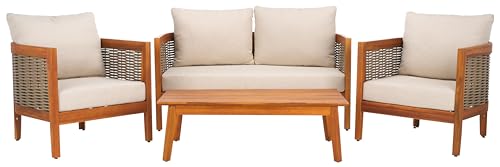 SAFAVIEH Outdoor Patio Furniture - Amanda 4-Piece Set - Sand & Taupe - Acacia Wood - Coastal, Conversation Set with Detachable Cushion Covers - Ideal for Patio, Deck, Porch, Backyard (PAT9512A-KIT2)