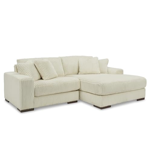 Signature Design by Ashley Lindyn Sectional Couch with Chaise, Cloud-Like Plush Seating, Velvet Upholstery with Cord Texture, Contemporary Living Room Furniture, Ivory, 99"W x 70"D