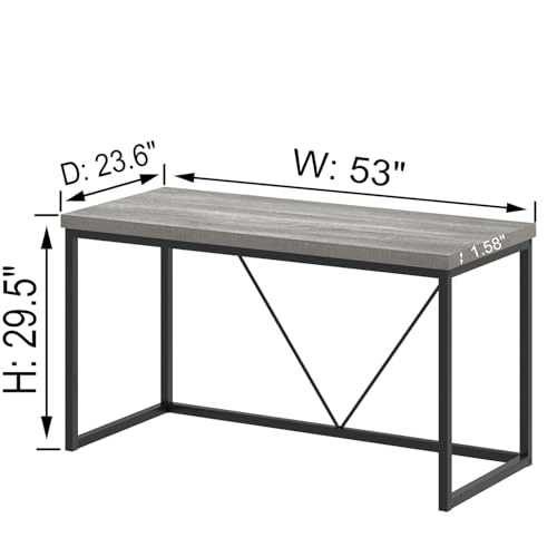 Modern Home Office Desk, Industrial Vintage Computer Desk, Rustic Wood and Metal Study Writing Table, Simple Work Gaming PC Desks for Bedroom Living Room, Light Grey 53 Inch