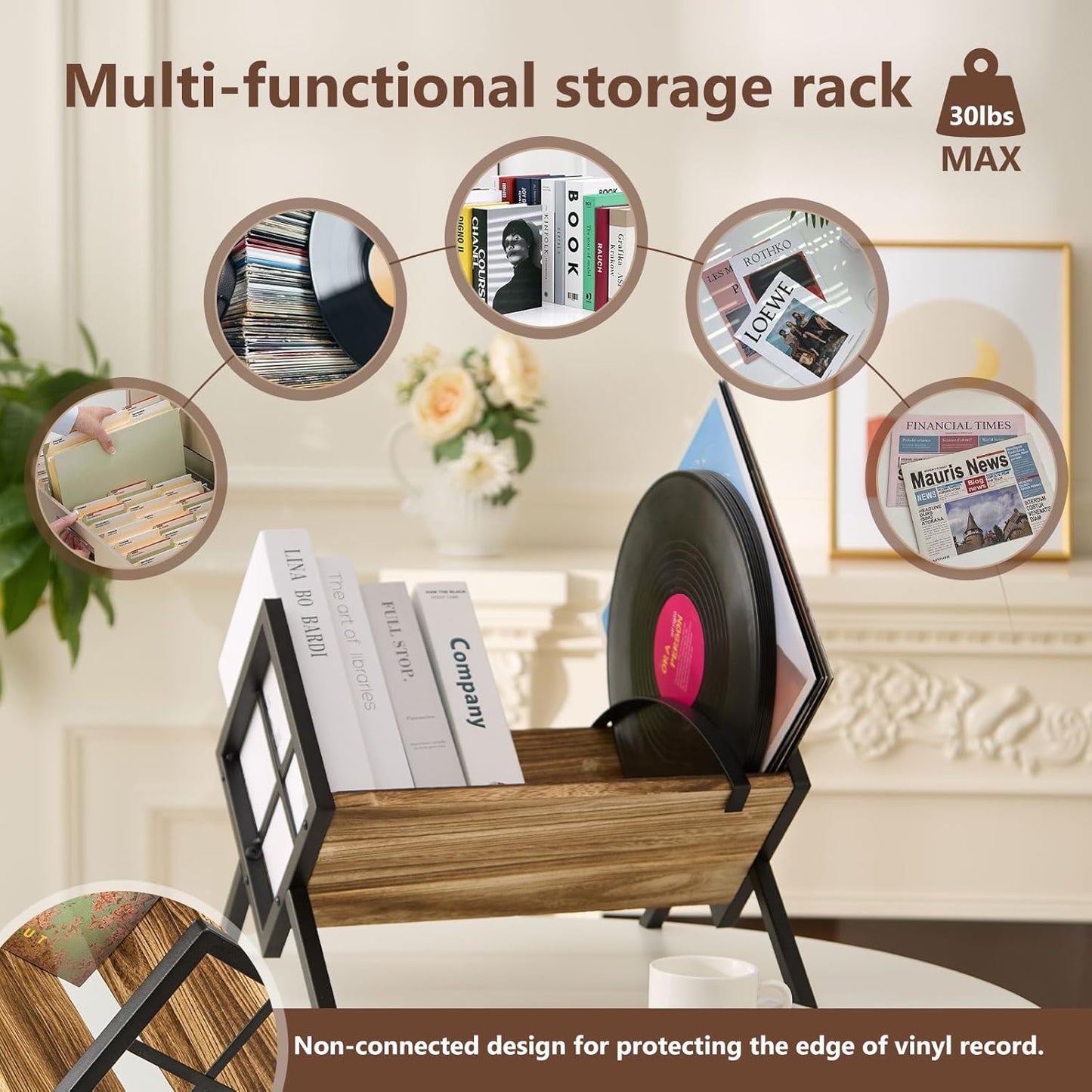 Vinyl Record Holder,Wooden and Heavy-Duty Steel Vinyl Record Storage Rack for 80-100 Lp,Albums,Magazine, Book, Files.Retro Style Record Display (Fire-Burnt Retro)
