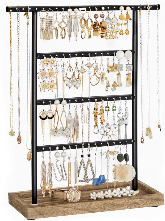 Jewelry Organizer, 4-Tier Earring Holder Organizer Stand with Base Tray, for Studs and Necklaces, Vintage, Wood Color and Black UJJS019B01
