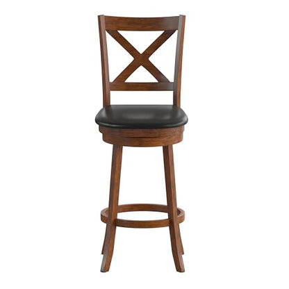 Sora Crossback Swivel Bar Height Stool - Antique Oak Finish - 30" H Padded Black Faux Leather Seat - 360° Swivel - Integrated Footrest