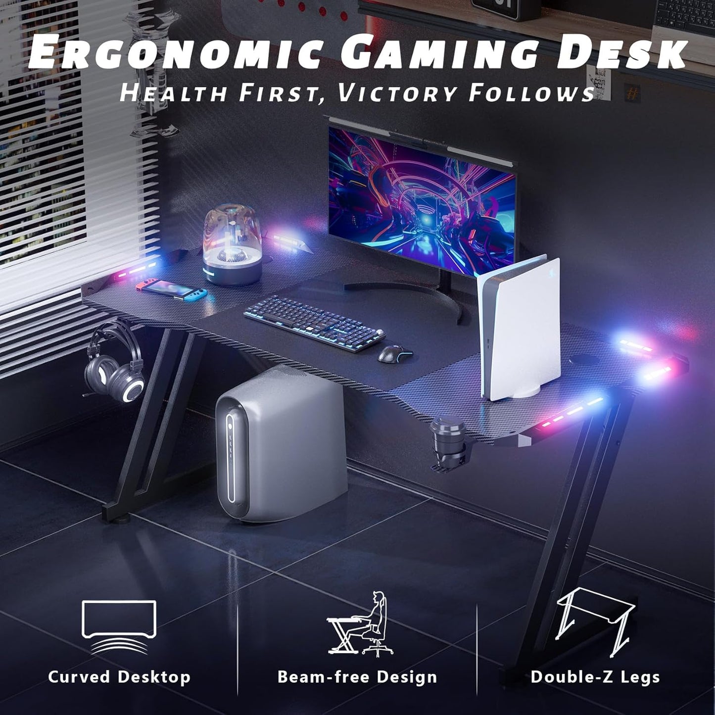 47 Inch Gaming Desk with LED Lights, Large RGB Computer Gaming Desk Table with Cup Holder Headphone Hook Mouse Pad, Ergonomic Modern Carbon Fiber Mesa Gamer Pc Work Home Office Desks, Black