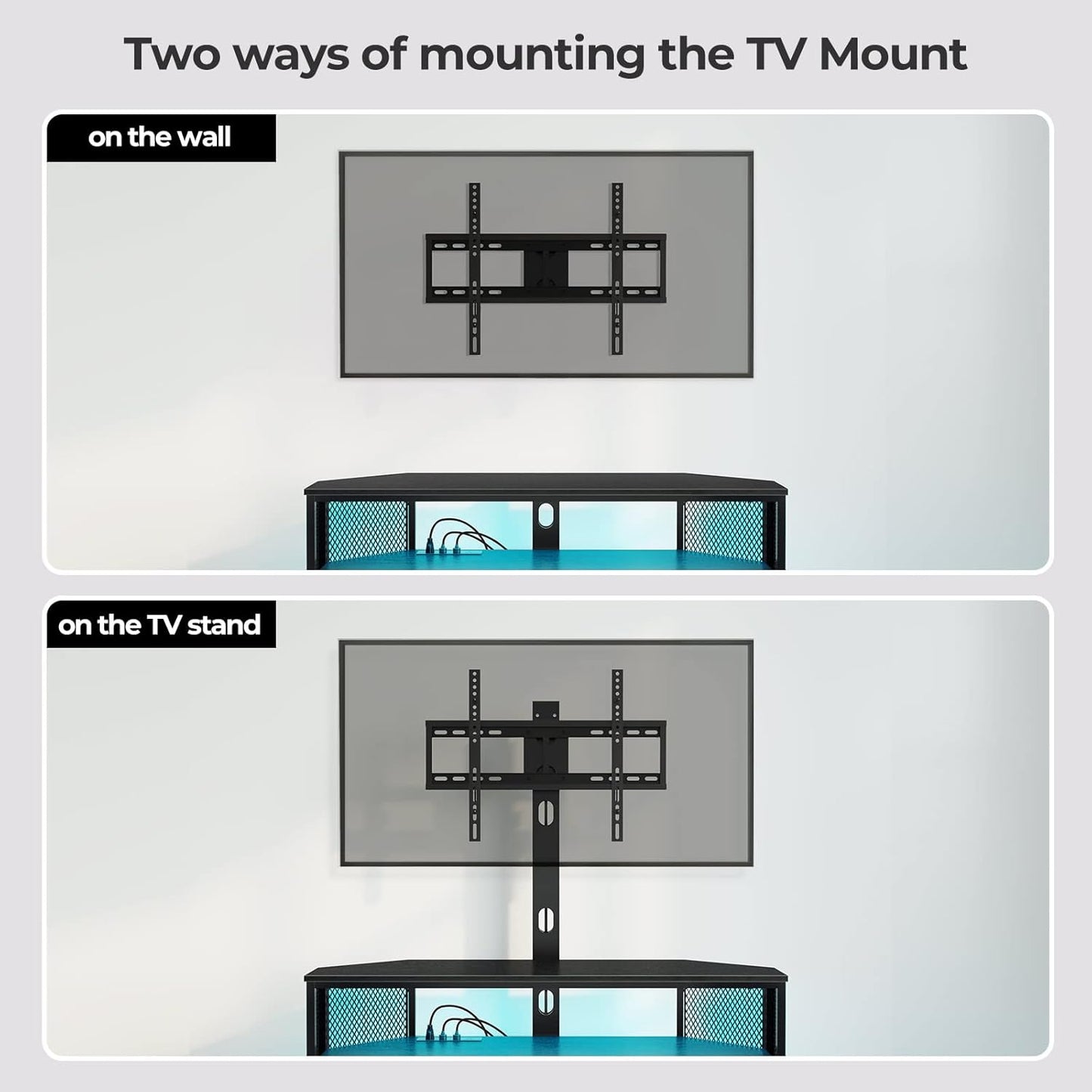 TV Stand with Mount and Power Outlet, Swivel TV Stand with LED Lights for 32/45/55/60/65/70 Inch Tvs, Black Entertainment Center Media Console with Height Adjustable Mount