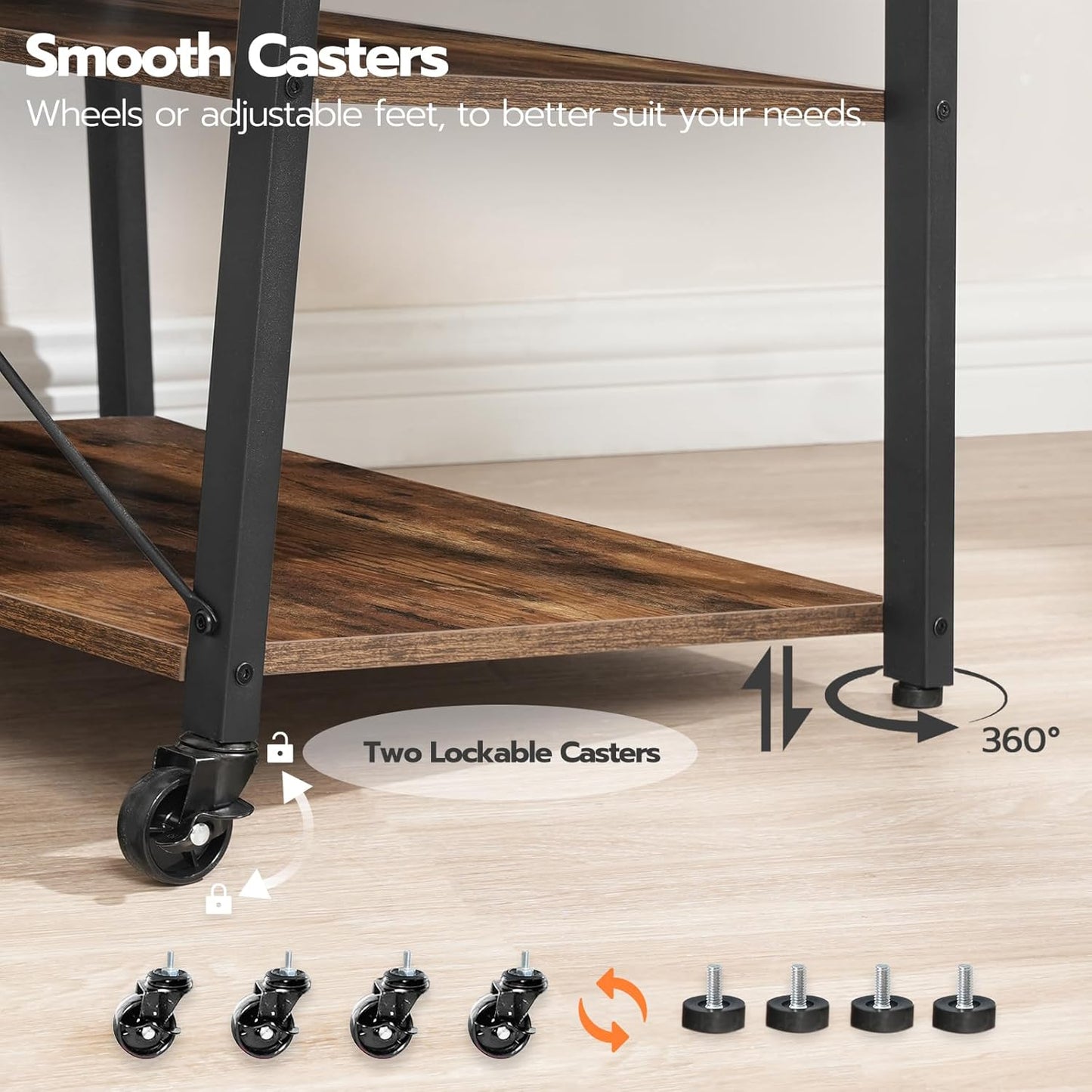 Rolling TV Stand with Mount and Power Outlet up to 55 Inch TV, Corner Entertainment Center, Small TV Stand with 3-Tier Storage Shelves for Living Room, Bedroom, Rustic Brown and Black BF66UDS01