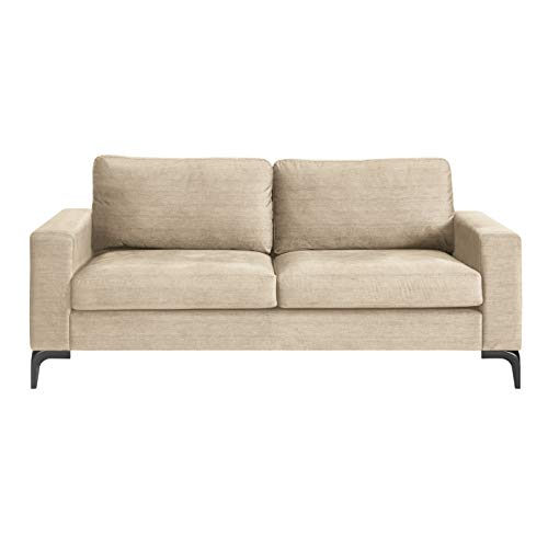 Tommy Hilfiger Austin Upholstered Sofa, Contemporary Square Arms Living Room Couch for Small Space, Plush Cushions, Wooden Frame and Legs, American Cream