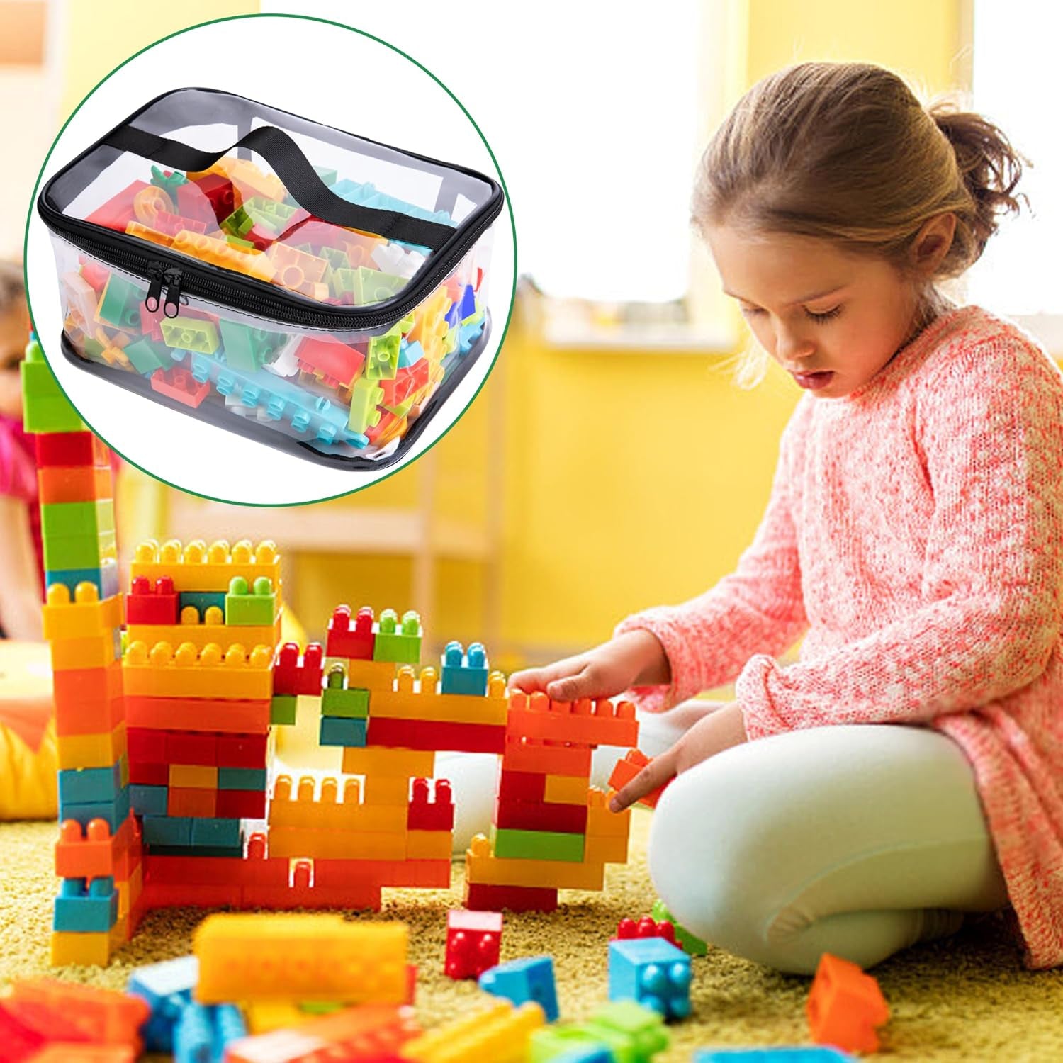4 Packs Clear Toy Storage Bags- 9.4 X 6.7 X 4.3 Inch Transparent PVC Toy Organizing Bags with Zipper- Waterproof Toy Storage Organizer Pouch for Building Blocks, Small Toys (Black)