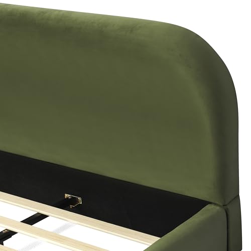 Queen Velvet Fabric Platform Bed with Curved Headboard, Olive Green, view 6