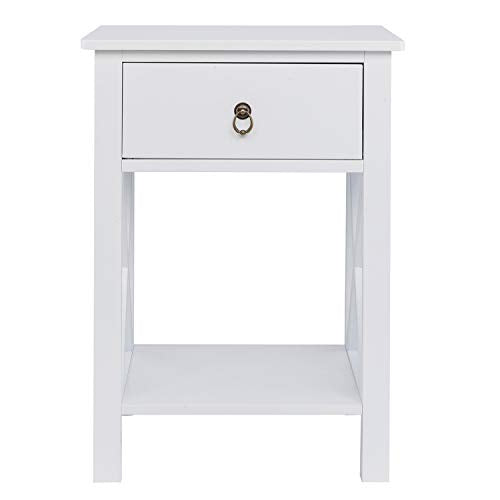 Bonnlo White End Side Table Nightstand Bedside Table with Drawer and Storage Shelf