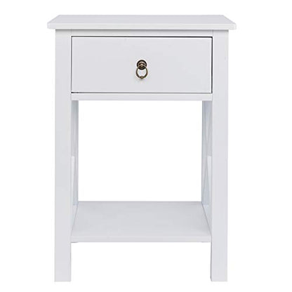 Bonnlo White End Side Table Nightstand Bedside Table with Drawer and Storage Shelf
