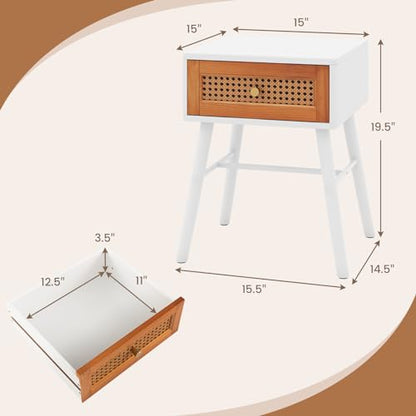 Rattan Nightstand Set of 2, Mid Century Modern End Table with Handwoven Rattan Decorated Drawer, Bedside Table with Solid Wood Legs for Bedroom and Living Room, Boho Night Stand, White