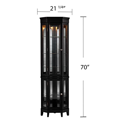Essex Corner Curio Cabinet - Adjustable Glass Shelves - 2 Tier With Black Finish, Transitional Style Pine, Black