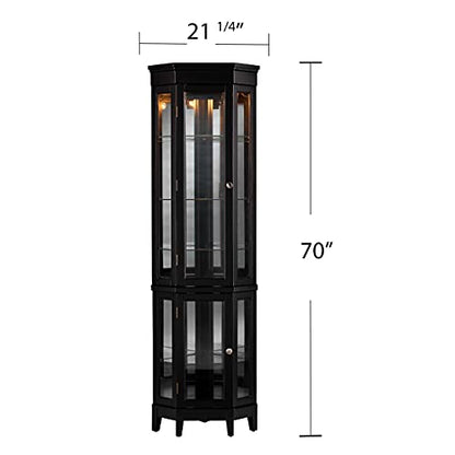 Essex Corner Curio Cabinet - Adjustable Glass Shelves - 2 Tier With Black Finish, Transitional Style Pine, Black