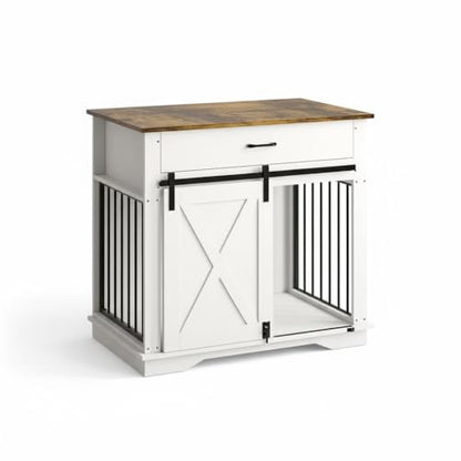 38" Farmhouse White Dog Crate Furniture with Sliding Barn Door, view 8
