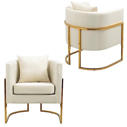 Velvet Accent Chairs Set of 2, Mid Century Modern Upholstered Barrel Armchair with Pillow for Living Room, Comfy Single Club Chair with Metal Gold Legs for Bedroom, White