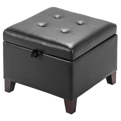 17 Inch Storage Ottoman Foot Rest,Square Faux Leather Foot Stool,Small Ottoman with Storage,Padded Seat for Entryway,Living Room,Bedroom,Couch,Under Desk,Black
