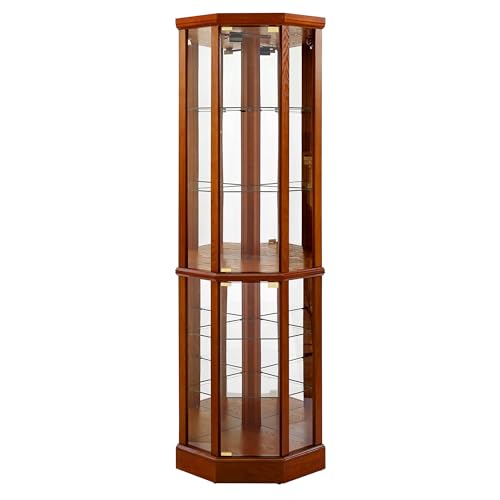 6 Shelf Lighted Corner Curio Cabinet with Adjustable Tempered Glass Shelves and Mirror Back, Oak(E26 Light Bulb not Included)