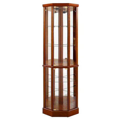 6 Shelf Lighted Corner Curio Cabinet with Adjustable Tempered Glass Shelves and Mirror Back, Oak(E26 Light Bulb not Included)