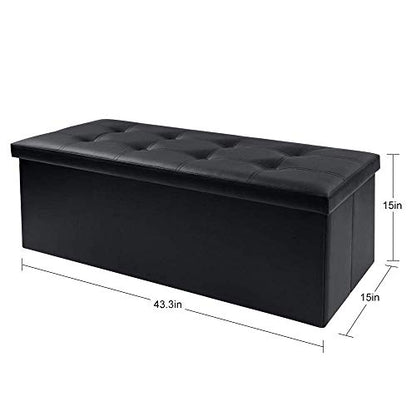 43 Inch Folding Storage Ottoman Bench 125L Hold up 700lbs Ottoman with Storage Chest Foam Seat Padded Foot Rest Stool Faux Leather Bedroom Bench with Storage Coffee Table Black
