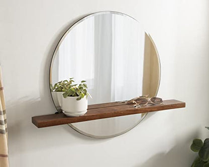 Fossett Frameless Round Wall Mirror, 24 Inch Diameter, Walnut Brown, Decorative Functional Mirror with Shelf for Storage and Display