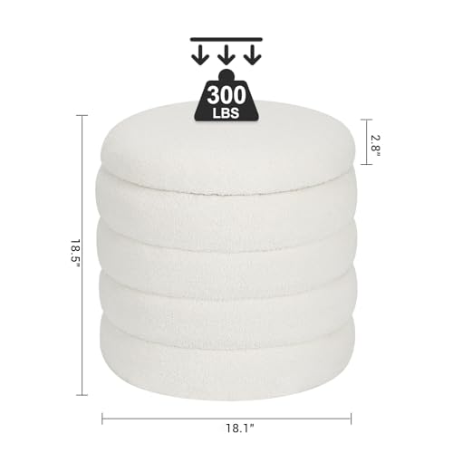 Teddy Sherpa Round Ottoman with Storage, Modern Upholstered Vanity Stool Foot Rest, Small White Boucle Storage Ottoman for Bedroom, Living Room, Entryway, Dorm