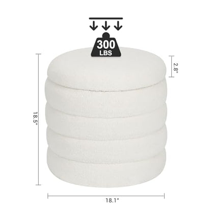 Teddy Sherpa Round Ottoman with Storage, Modern Upholstered Vanity Stool Foot Rest, Small White Boucle Storage Ottoman for Bedroom, Living Room, Entryway, Dorm