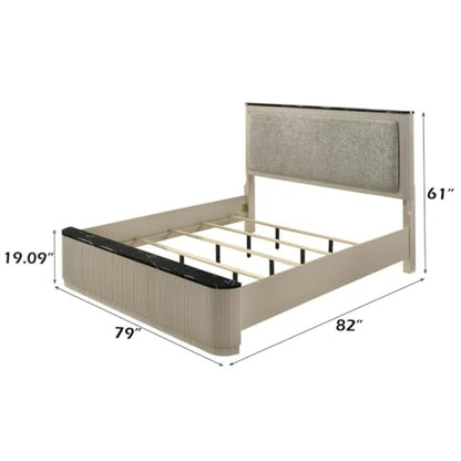 Upholstered Eastern King Bed, Gray Linen and Beige Frame, Padded Headboard, Black Marble-Look Trim, Sturdy Wood Construction, Vertical Panel Design, Modern Bedroom Furniture