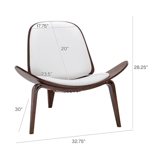 Mid-Century Modern Shell Side Accent Tripod Plywood Lounge Chair Walnut Upholstered Faux Leather, White