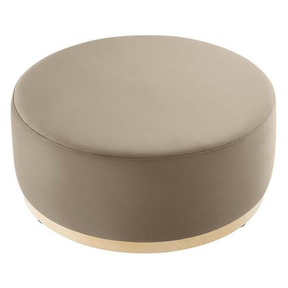 Tilden 38 Inch Round Performance Velvet Upholstered Ottoman in Taupe Natural - Round Ottoman Coffee Table for Living Room, Large Ottoman Foot Rest with Rubberwood Plinth Base