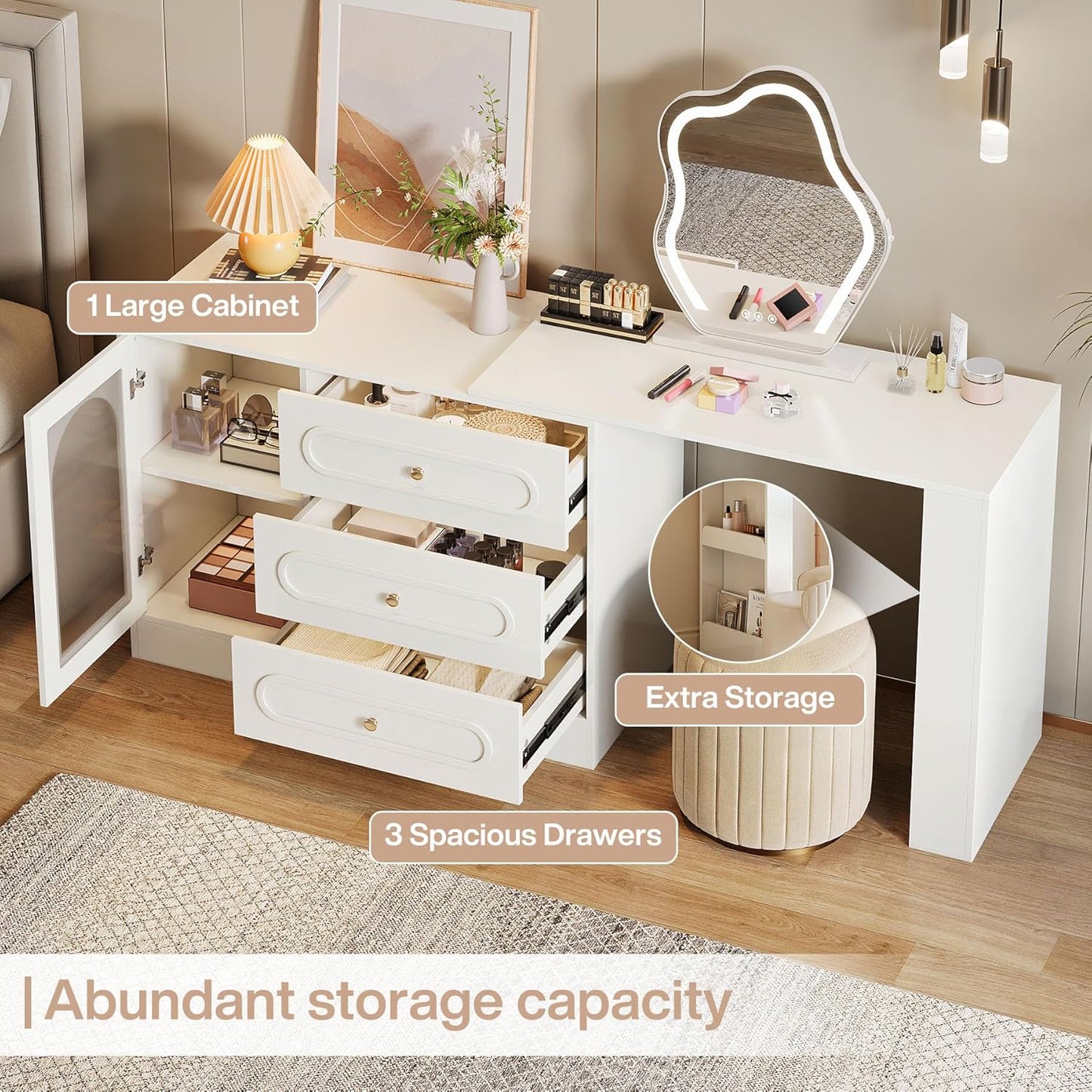 Corner Makeup Vanity Desk with 3 Drawers, 78" Modern L-Shaped Vanity Table with Reversible Cabinet, Extendable Dressing Table Combo with 1 Door for Women & Girls Bedroom (Without Mirror)