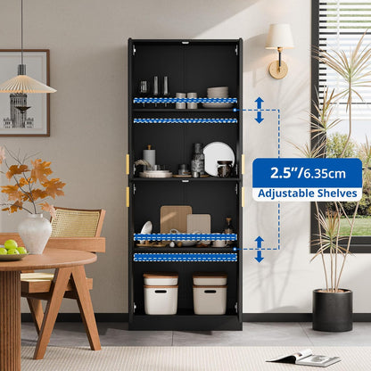 Kitchen Pantry Cabinet, 71" Tall Wood Storage Cabinet with Doors and Shelves 4 Doors Freestanding Cupboard for Dining Room Living Room Bathroom Furniture, Black | Wood Storage Cabinet, 4 Doors, Utility Hutch, for Dining Room