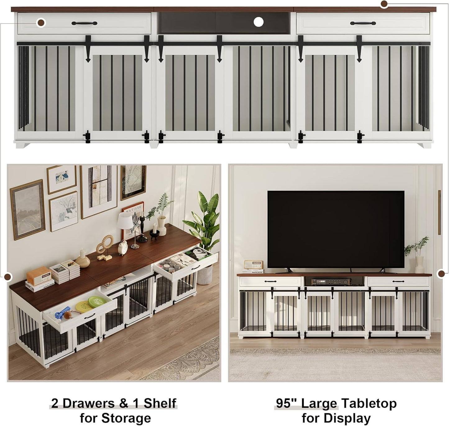 Dog Crate Furniture - Indoor Wooden Farmhouse Large Dog Kennel Fureniture for 3 Dogs, with Sliding Barn Doors, 2 Drawers & 1 Shelf, 95" Lx23.6 Wx31.5 H, White