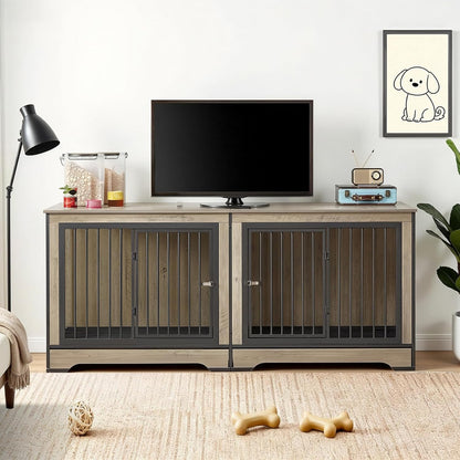 75" Double Dog Crate Furniture for 2 Large Dogs, Heavy Duty Furniture Style Dog Kennel End Table, Wood Crates for Dogs Kennel Indoor Double Door, Brown