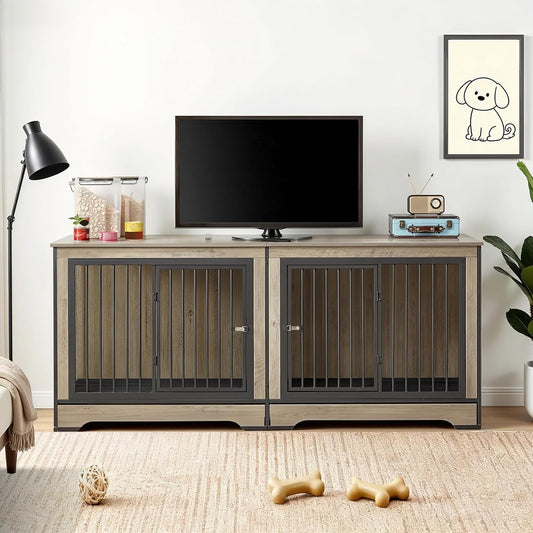 75" Double Dog Crate Furniture for 2 Large Dogs, Heavy Duty Furniture Style Dog Kennel End Table, Wood Crates for Dogs Kennel Indoor Double Door, Brown